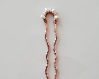Copper Hair Pins, 4 inch Bun Pins, Pearl Updo Sticks