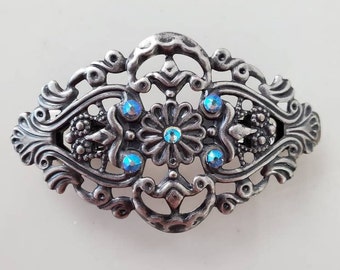 Antique Filigree Hair Barrette, Medium French Barrette, Crystal Hair Clip