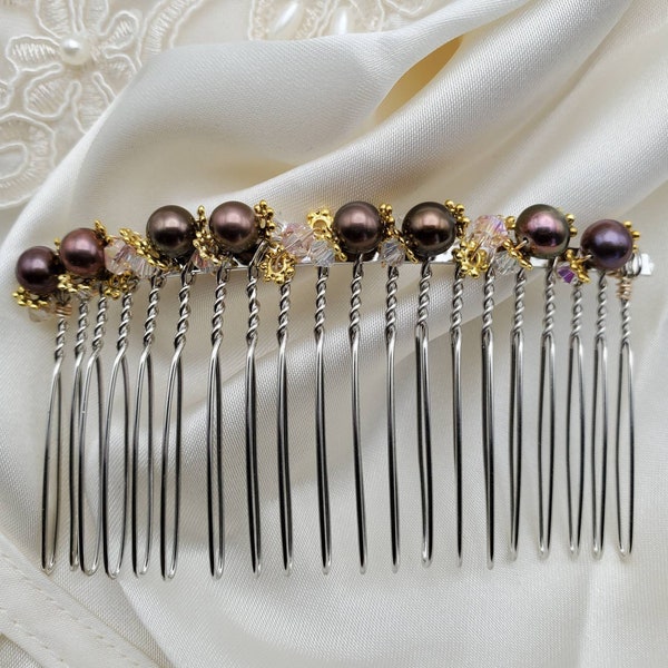 Pearl Updo Comb, Natural Chocolate Pearls, Crystal Side Combs