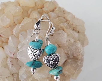 Turquoise and Sterling Silver Earrings, Southwest Style Earrings, Santa Fe Style Jewelry, Silver Heart Earrings