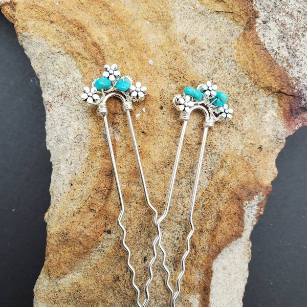 Hair Sticks, Turquoise Hair Pins,  Silver Hair Pins, 4 inch Bun Pins, Updo Sticks, Turquoise Hair Forks, U Pin, Bun Holder, Hair Jewelry