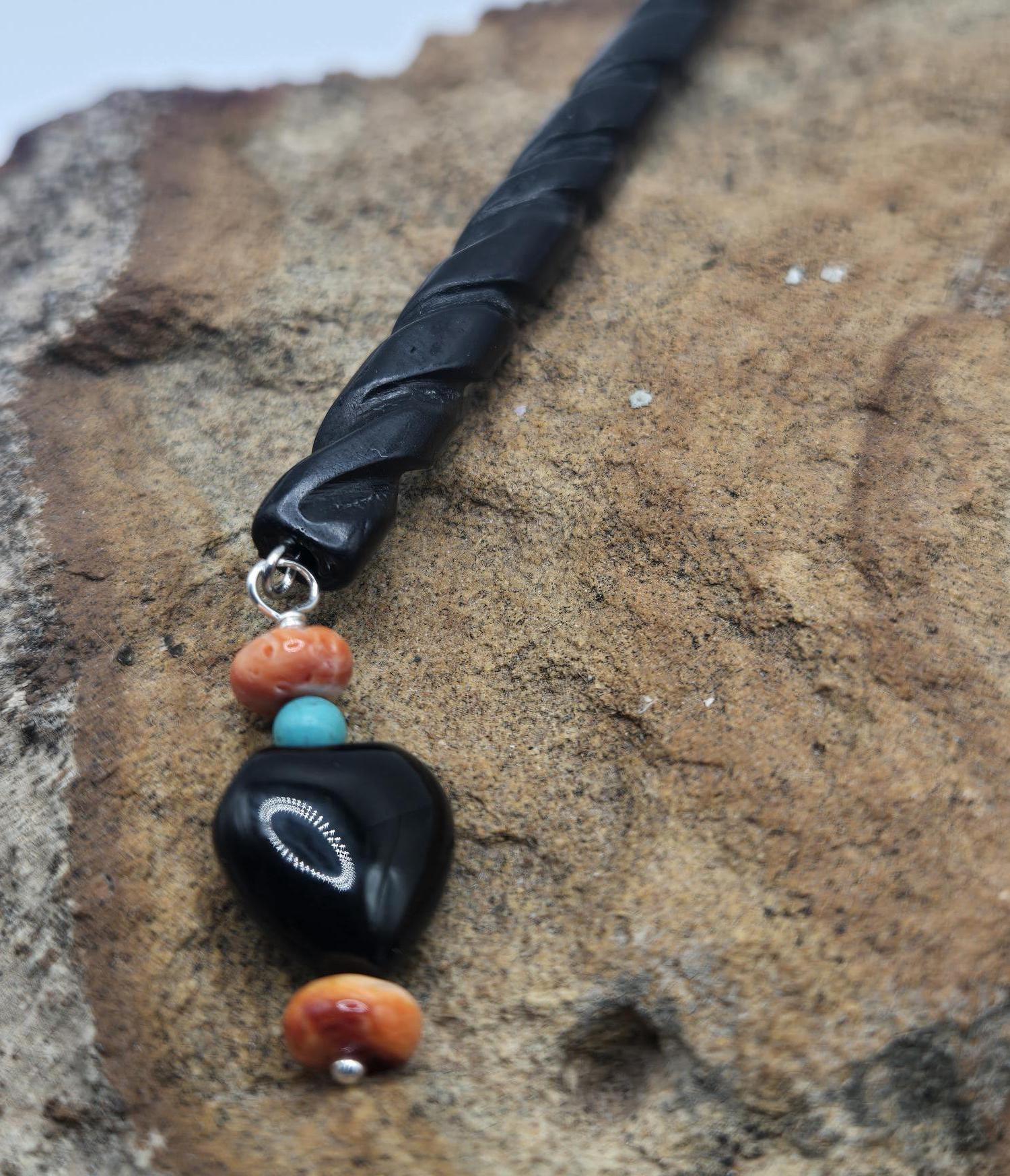 Southwest Spiral Bone Hair Stick, Turquoise Onyx Spirit Charms, Updo…