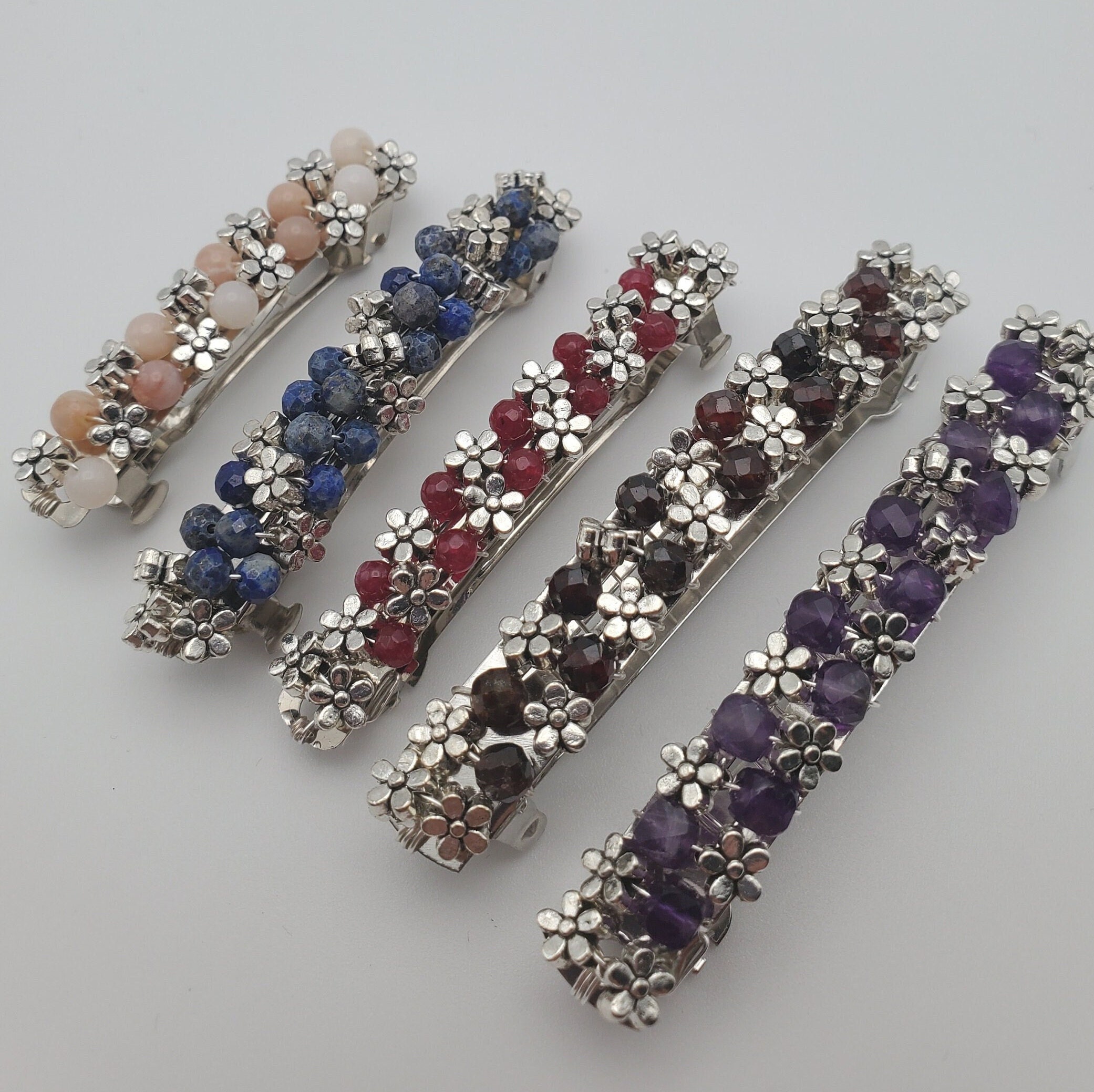 Flower Stone Barrette: Tibetan Silver Crystal Hair Clip
