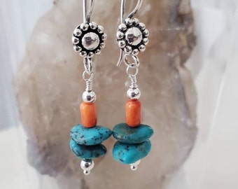 Turquoise and Sterling Silver Earrings, Southwest Style Earrings, Santa Fe Style Jewelry, Silver Ear Hook Jewelry