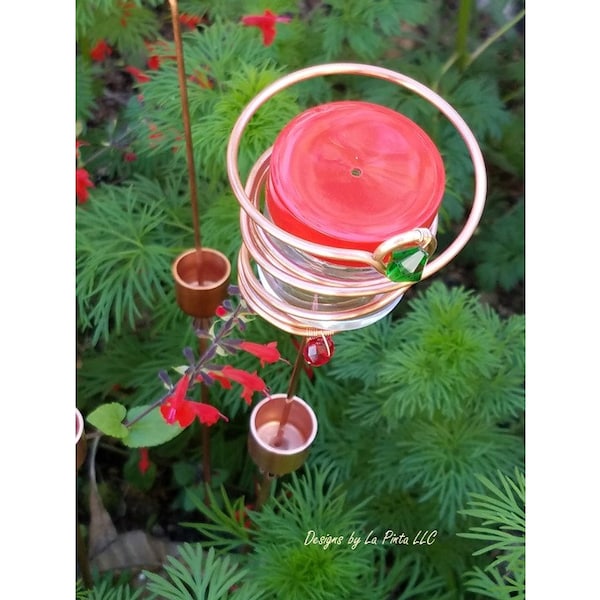 Stake or Flower Pot Hummingbird Feeder with Built in Ant Moat, Copper Hummingbird Feeder Stake
