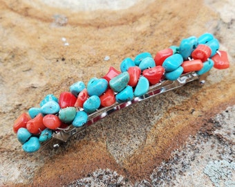 Coral Hair Barrette, Medium French Barrette, Turquoise Hair Clip