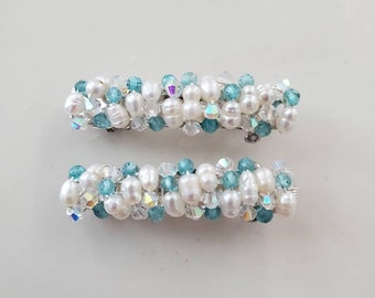 Pearl Barrettes with Aqua Apatite,  Little Girl Hair Clips, Small Pearl French Barrettes, Wedding Accessories, Pair Barrettes