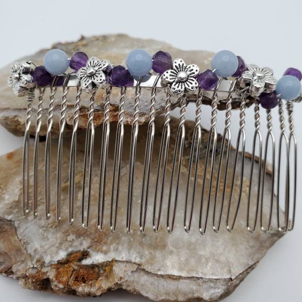 Decorative Hair Comb with Amethyst, Silver Side Comb, Flower Updo Comb Accessory