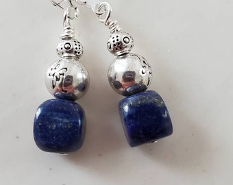 Lapis Lazuli Earrings,  Silverplated Pewter Beads, Leverback Ear Hooks, Lapis Lazuli Earrings, Beaded Earrings, Dangle Earrings