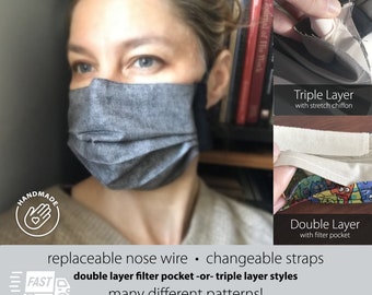 Pleated face mask with filter pocket -or- triple layer, replaceable nose wire, replaceable elastic or strap. Ready to ship!