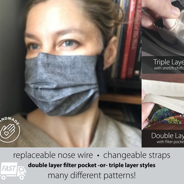 Pleated face mask with filter pocket -or- triple layer, replaceable nose wire, replaceable elastic or strap. Ready to ship!