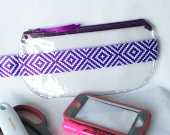 Purple Diamond Shapes Satin Ribbon Clear Vinyl Zipper pouch, Cosmetic, Accessory, Pencil Pouch