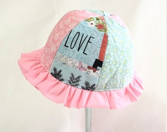 Reversible Baby Sun Hat: Pink Ruffle Floral Cotton Hat