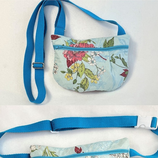 Cross Body Quilted Mini Purse, Teal Floral Print Small Zip Waist Purse, Hands Free Pouch, Travel CrossBody Purse, Quilted Zipper Phone Pouch