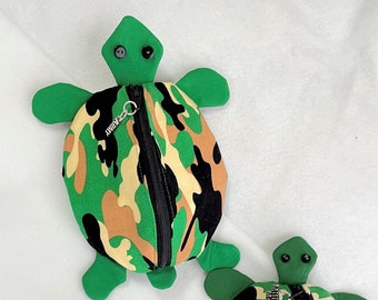 Camo Turtle Zipper Pouch: Handmade Cotton Coin or Accessory Bag