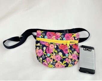 Quilted Floral Waist Pouch: Pink Navy Travel Fanny Pack