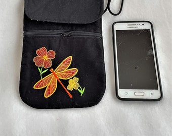 Embroidered Dragonfly Phone Pouch: Extra Large Beaded Strap Cross body Purse