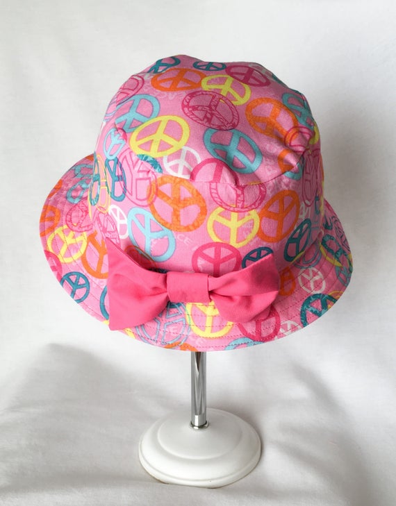 Pink Toddler Sun Hat: Peace Sign Bucket Cap With Bow - Etsy display picture 2