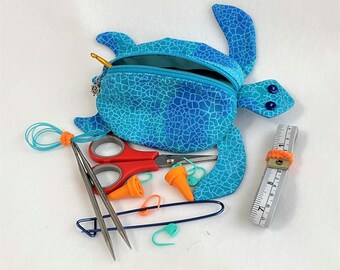 Unique Handmade Teal Sea Turtle, Fun Turtle Shaped Small Zipper Pouch, Knitting/Crochet Project Accessory, Child's Toy Pouch, Coin Purse