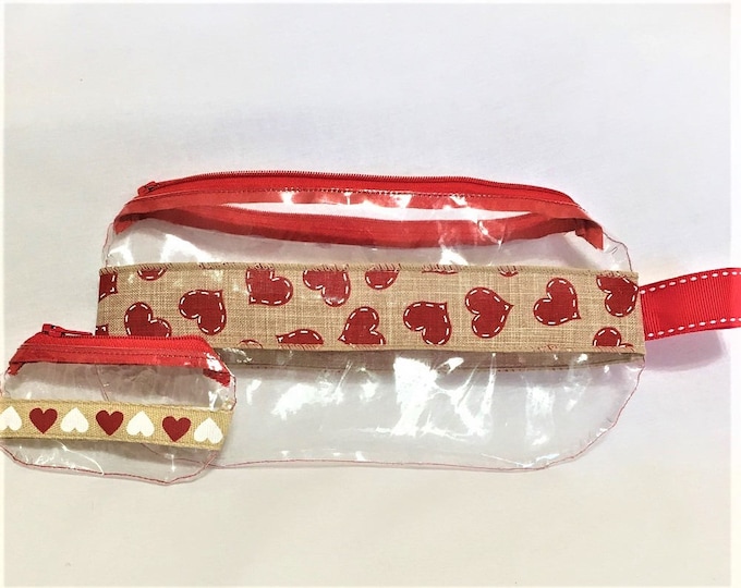 Featured listing image: Large Red Hearts Burlap Ribbon Clear Vinyl Zipper pouch, Hearts Cosmetic, Accessory, Pencil Pouch, Valentines Day Clear Pouch