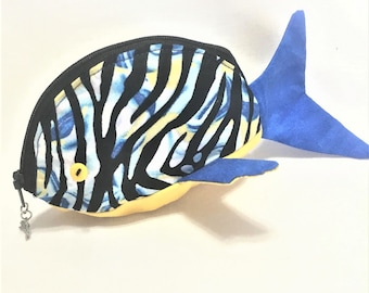 Handmade Fish Shaped Zipper Pouch: Tropical Blue Cotton Coin Purse