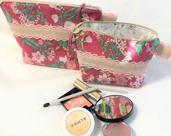 Quilted Floral Cosmetic Pouch with Lace: Wide Zipper Travel Bag