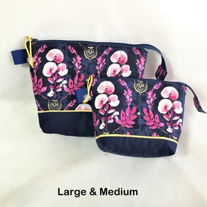 Quilted Fuchsia Floral Cosmetic Pouch Set: Wide Open Zipper Travel Bag