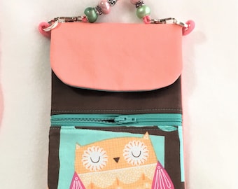 Owl Cell Phone Pouch: Peach Turquoise Crossbody Bag with Zipper