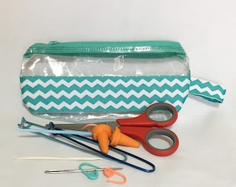 Teal Chevron Clear Vinyl Zipper Pouch: Medium Cosmetic Bag