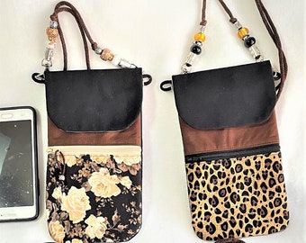 Floral Leopard Print Phone Pouch: Embroidered Crossbody Purse with Beaded Strap