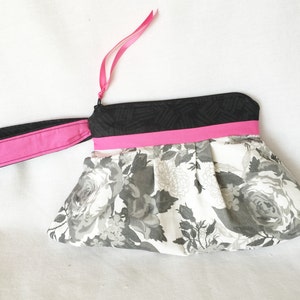 Grey, Black and Pink Floral Wristlet, Fashion Pleated Clutch, Grey Floral Black and Pink Purse, Cosmetic Bag or Small Craft Project Bag