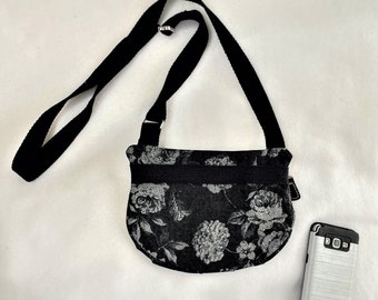 Black Floral Denim Waist Pouch: Handmade Hands-Free Travel Purse