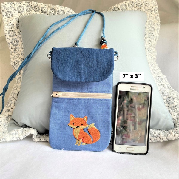 Sweet Fox Phone Pouch, Embroidered Front Zipper Pocket Crossbody Purse, Beaded Cross Body Zipper Cell Phone Pouch, Pocket Cell Phone Pouch