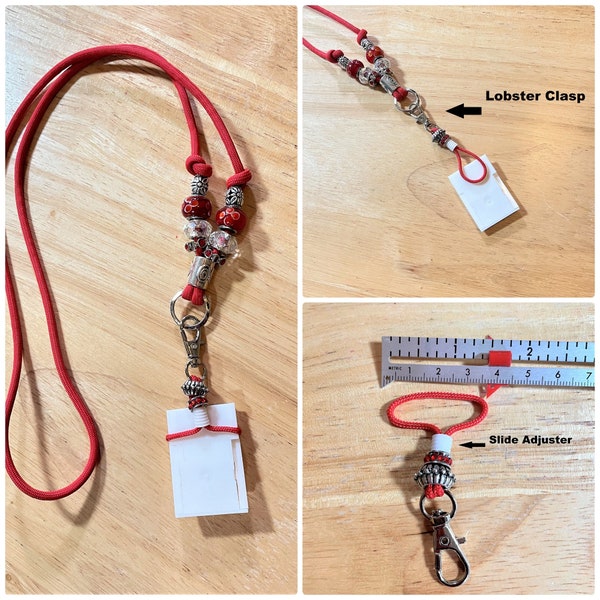 Custom Red Beaded Lanyard,  T Style Cord Attachment Closed Ring Neck Cord, Medical Alert Devices Lanyard, Beaded Paracord Neck Strap