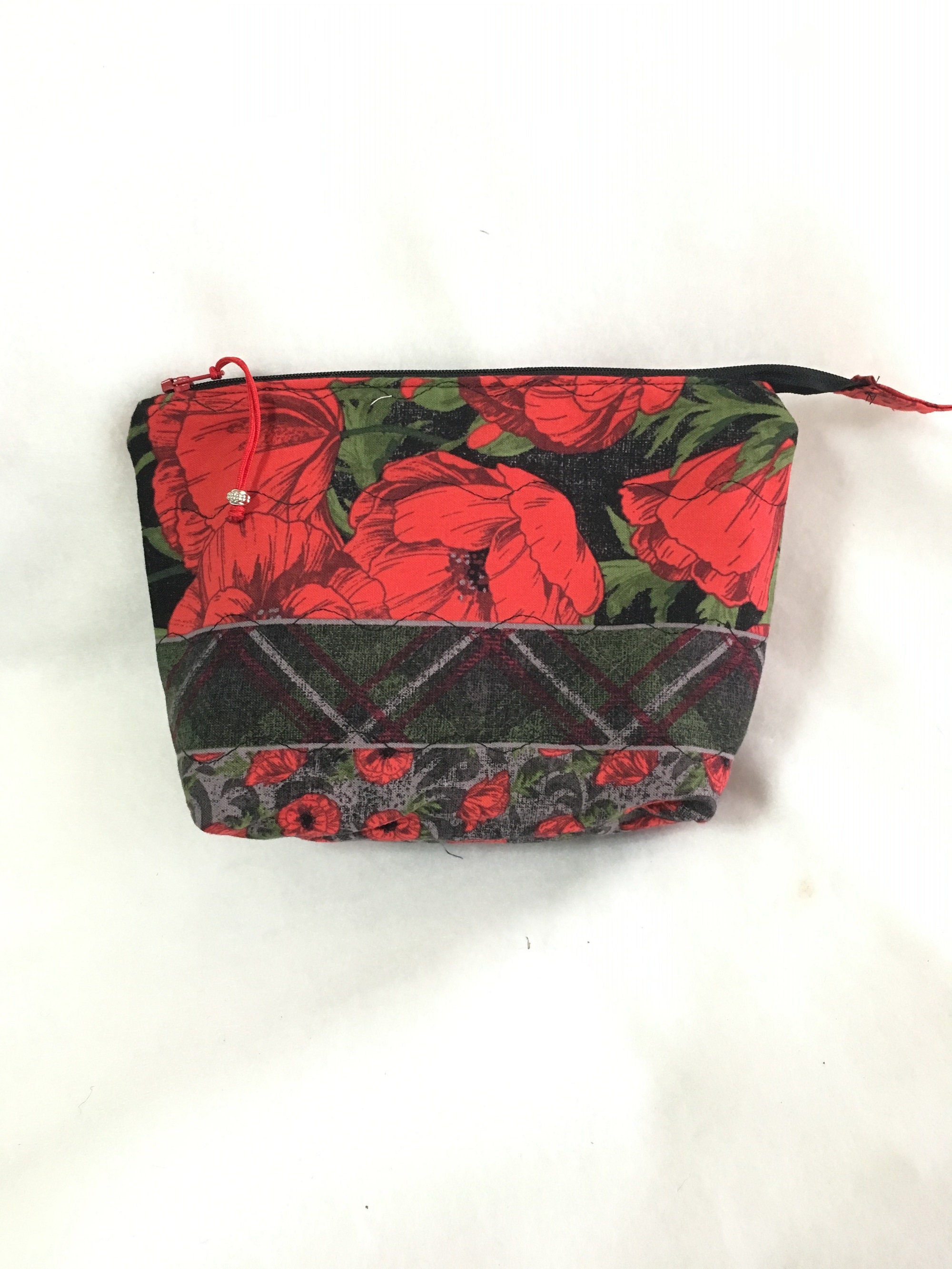 Quilted Red and Black Floral Cosmetic Pouch, Wedge Zipper Pouch ...