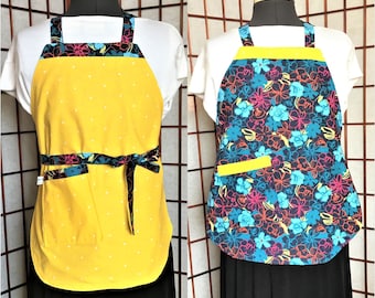 Yellow and Dark Teal Floral Reversible Child Full Apron, Colorful Floral Child Cooking Apron, Craft Painting Child Aprons, Baking, Kitchen