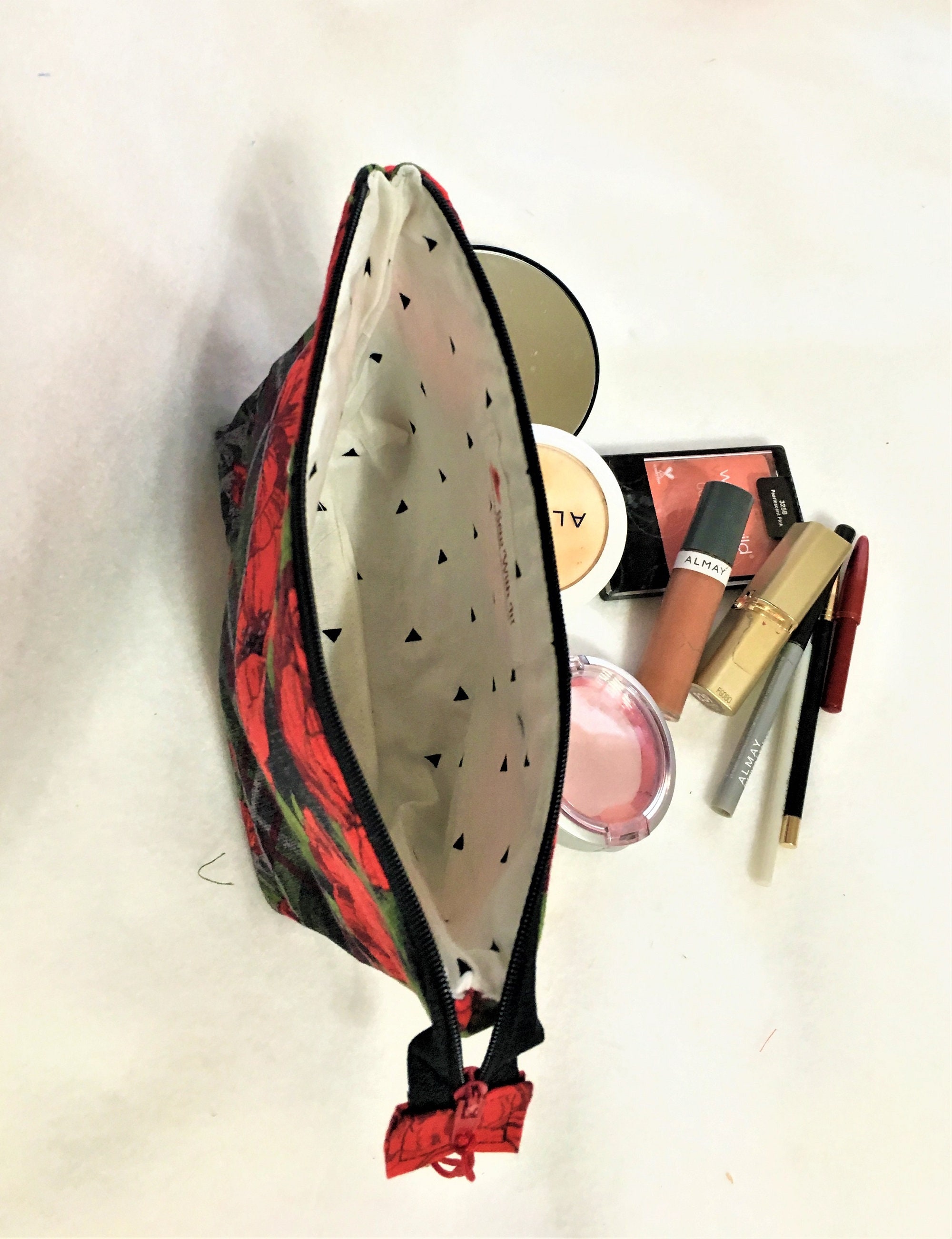 Quilted Red and Black Floral Cosmetic Pouch, Wedge Zipper Pouch ...