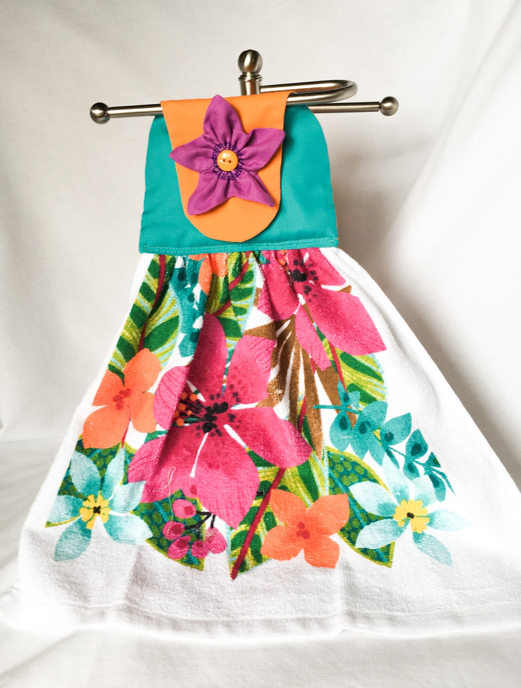 Hanging Towel Fabric Flower And Button Kitchen Towel Topper