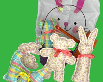 Pink and Blue Floral Stuffed Bunnies, Soft Floral Fabric and Ribbons Rabbits, Vintage Bunny Decor