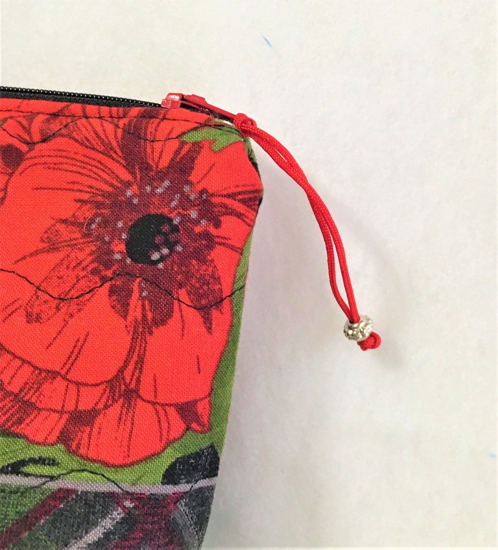 Quilted Red and Black Floral Cosmetic Pouch, Wedge Zipper Pouch ...