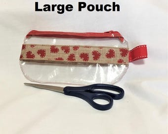 Red Hearts Burlap Ribbon Clear Vinyl Zipper Pouch