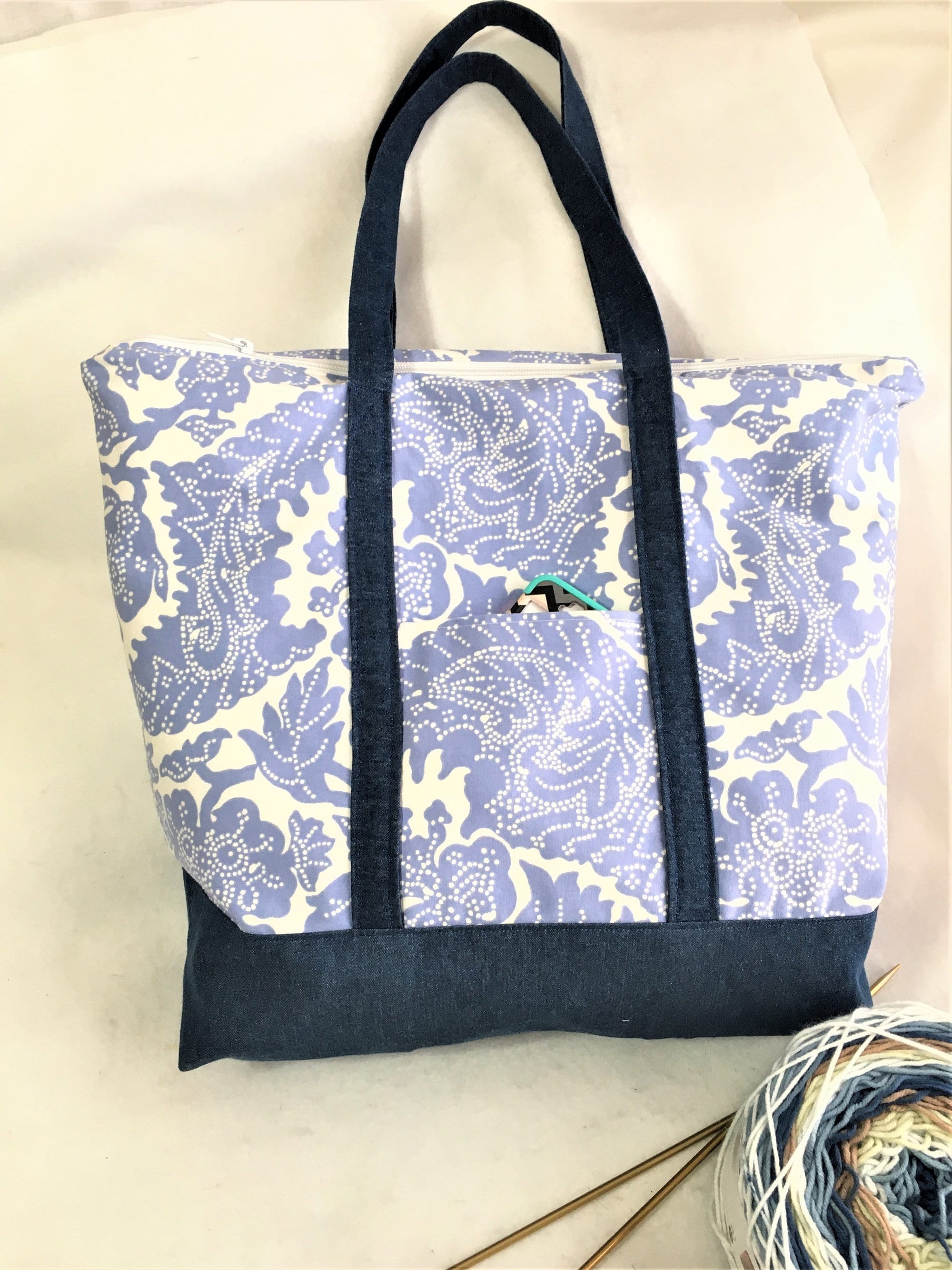 Extra Large as Blue Paisley Canvas Tote Bag Knit/ Crochet 