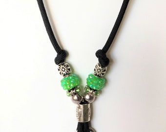 Beaded Black Paracord Lanyard: Green Bling Badge Holder Neck Cord