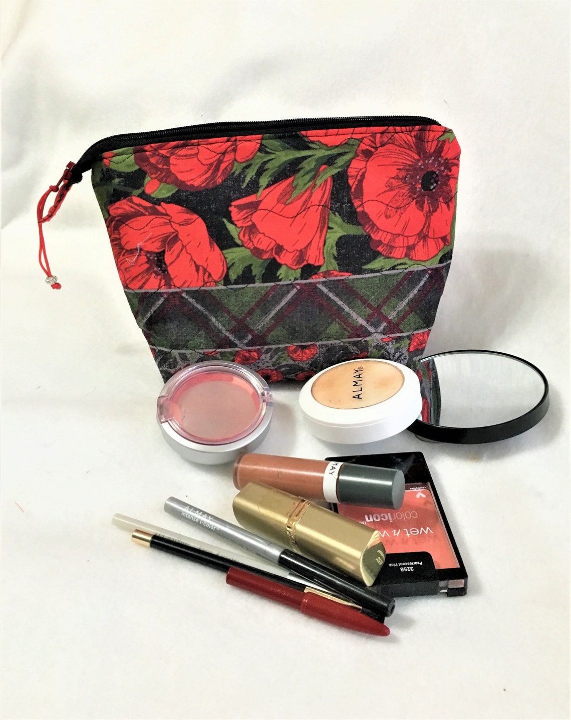 Quilted Red and Black Floral Cosmetic Pouch, Wedge Zipper Pouch ...