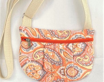 Quilted Crossbody Mini Purse: Peachy Paisley Print, Adjustable Strap