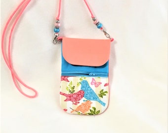 Peach Bird Cell Phone Pouch: Crossbody Zipper Purse