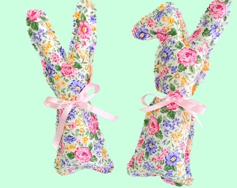 Pink Blue Flowers Soft Stuffed Easter Bunnies, Soft Floral Fabric and Ribbons Rabbits, Vintage Bunny Decor, Baby Basket Toy, Chickies