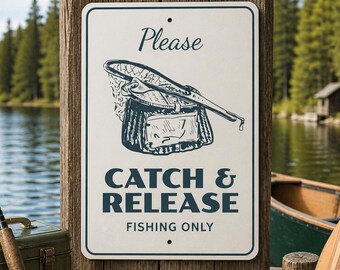 以下が含まれることがあります： 「Please」と「CATCH & RELEASE FISHING ONLY」の文字が入った、角が丸い長方形の看板。 釣り網とタックルバッグのイラストが描かれています。 釣り竿、タックルボックス、ロープも表示されています。