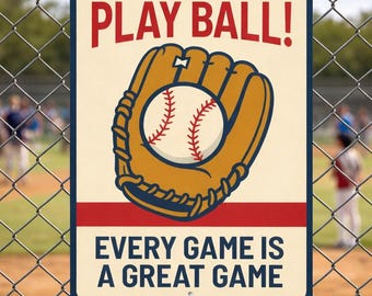 Cartello "Play Ball Every Game Is A Great Game", decorazione murale a tema baseball, cartello classico con palla, decorazione sportiva retrò, idee regalo per la "man cave" - Cartello in metallo