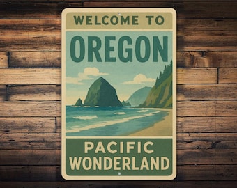 Welcome to Oregon Metal Sign – Pacific Wonderland Wall Art, Retro Coastal Beach Scene with Haystack Rock, Vintage Northwest Metal Décor